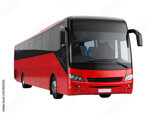 Modern Red Tourist Bus Front Perspective with Black Tinted Glass, White Background