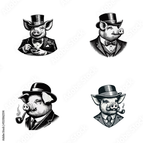 Pig Gentlemen engrave vector illustration logo icon