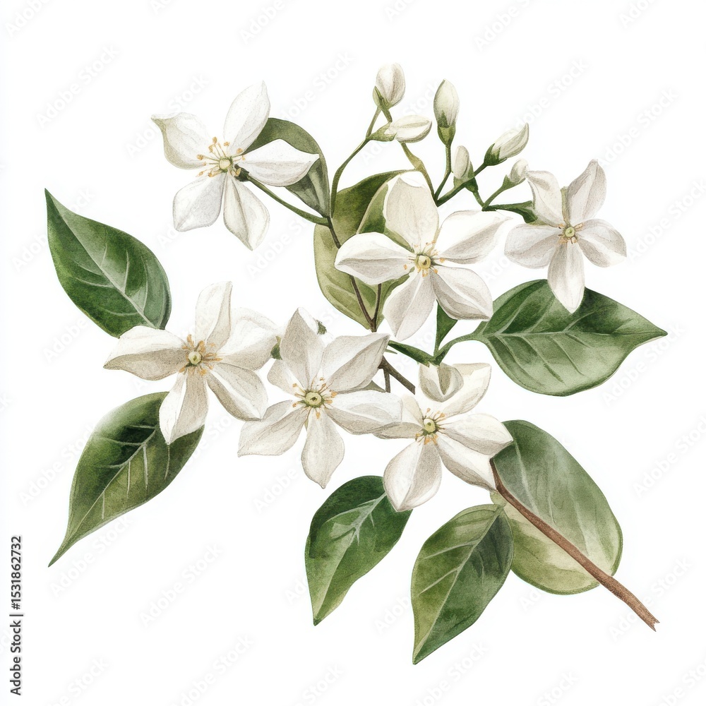 Obraz premium Watercolor Painting of Delicate White Jasmine Flowers and Green Leaves
