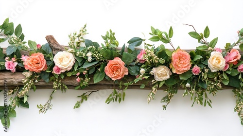 Decorative floral garland with fragrant jasmine vibrant roses and lush green leaves draped elegantly over a rustic wooden frame