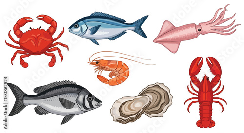 A collection of various seafood including fish, shellfish, and crustaceans