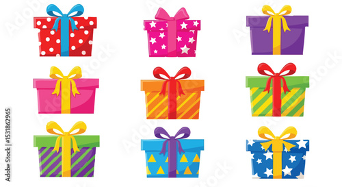 A colorful arrangement of gift boxes with various patterns and ribbons