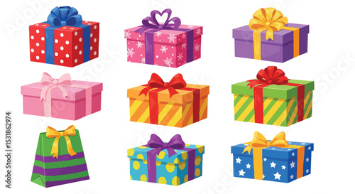 A collection of colorful gift boxes with various designs and ribbons