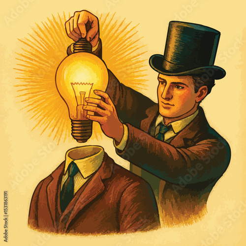 A man in a top hat places a light bulb on an empty suit, symbolizing innovation and ideas