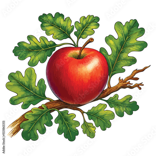 A vibrant red apple on a branch with green oak leaves, showcasing nature's beauty