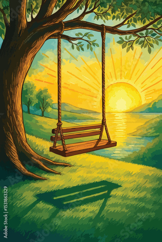 A serene swing hanging from a tree at sunset, reflecting tranquility and nature's beauty