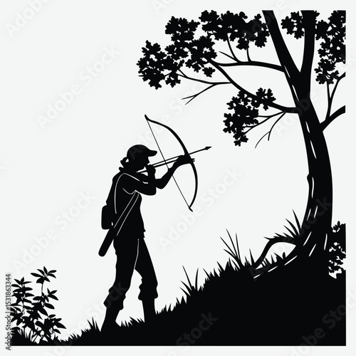 A person doing archery in the woods image silhouette design vector art and illustration	