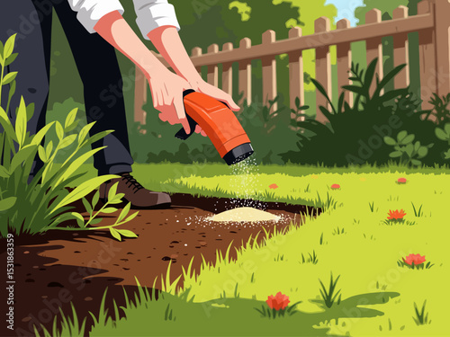 Professional hands gently applying fertilizer along the edge of a garden bed and lawn border, visible care in placement, precise granule drop, soft light, earth tones, no full human presence 