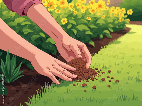 Professional hands gently applying fertilizer along the edge of a garden bed and lawn border, visible care in placement, precise granule drop, soft light, earth tones, no full human presence 