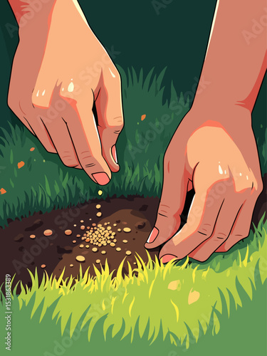 Professional hands gently applying fertilizer along the edge of a garden bed and lawn border, visible care in placement, precise granule drop, soft light, earth tones, no full human presence 