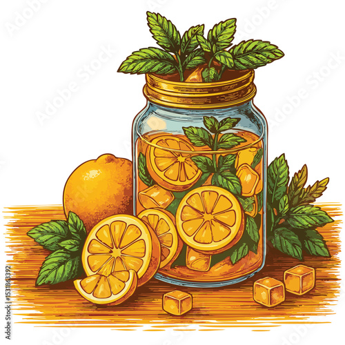 A jar filled with lemon slices, mint leaves, and ice cubes, suggesting a refreshing drink