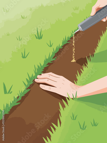 Professional hands gently applying fertilizer along the edge of a garden bed and lawn border, visible care in placement, precise granule drop, soft light, earth tones, no full human presence 