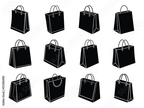 Set of Black Shopping Bags with Handles in Variety of Styles, Paper Gift Bags and Carry Bags Silhouette Collection