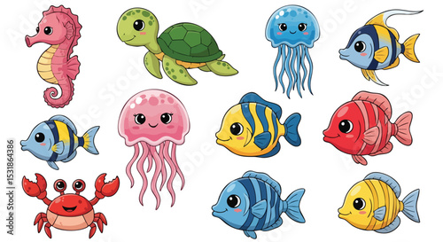 A colorful illustration of various cute sea creatures, ideal for children's materials