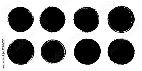 Set of black paint, ink circles. Dirty artistic design elements, boxes, frames. Stamp with rough edges. Sticker. Logo round. Japan circle.