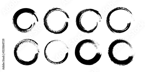 Set of black paint, ink circles. Dirty artistic design elements, boxes, frames. Stamp with rough edges. Sticker. Logo round. Japan circle.