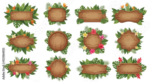  A collection of decorative wooden frames surrounded by tropical foliage and flowers