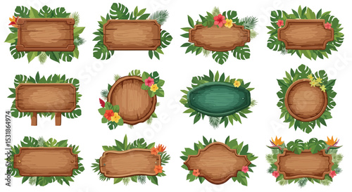 A collection of decorative wooden frames surrounded by tropical leaves and flowers.