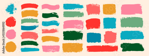 Set of colorful brush strokes, lines, hand painted design elements. Boxes, textures, backgrounds for text. Rough grunge edges. Artistic brushes.