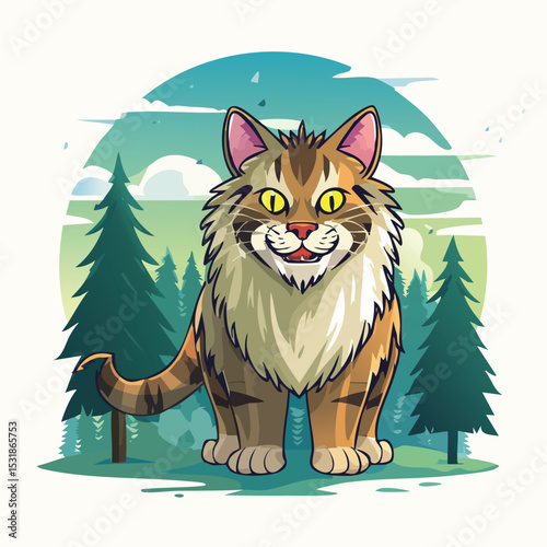 Norwegian Forest Cat Streamlined Vector Art with Flat Colors and Sharp Linework