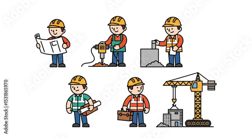 Construction Workers Cartoon Illustrations Set of Diverse Workers and Equipment