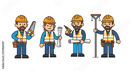 Construction Workers Illustration Diverse Team of Skilled Professionals