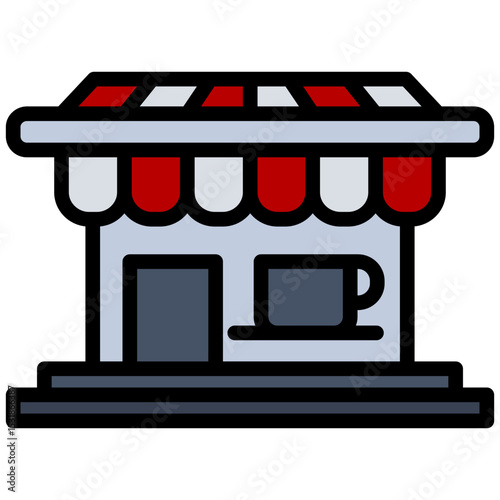 Coffee Shop Outline Flat Icon, Coffee Shop Concept Outline Flat Design Style