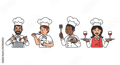 Diverse Chefs Cooking and Serving Delicious Food Culinary Arts Illustration