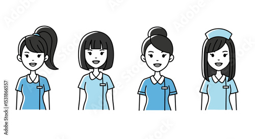 Four Diverse Female Nurse Avatar Illustrations  Ponytail, Bob, Bun, and Cap