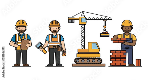 Construction Workers Engineer, Bricklayer, Crane Operator - Illustration