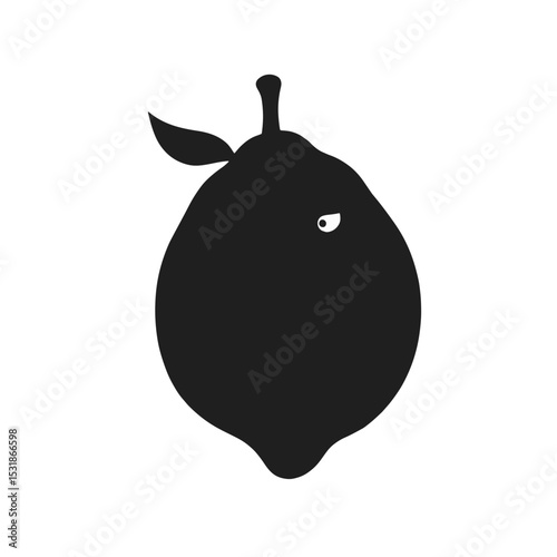 Cartoon Lemon Black Silhouette Vector with Big Eyes, Leaf and Smile on White Background