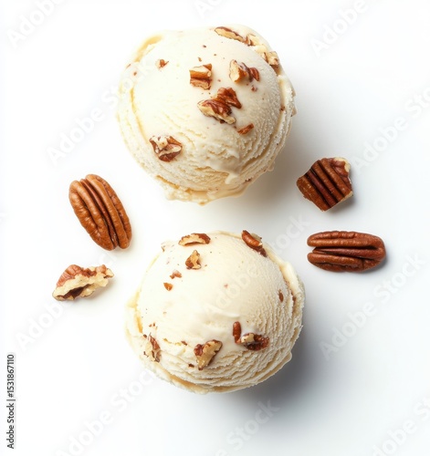 vanilla ice cream with pecan nuts, top view, isolated on white background