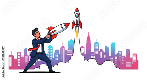 Businessman Launching Rocket Startup Over City Skyline Success, Growth, Innovation