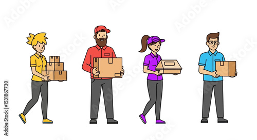 Diverse Delivery Personnel Carrying Packages Illustration