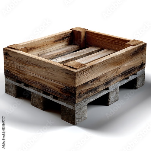 Rustic Wooden Pallet Box on Concrete Blocks Isolated on a White Background