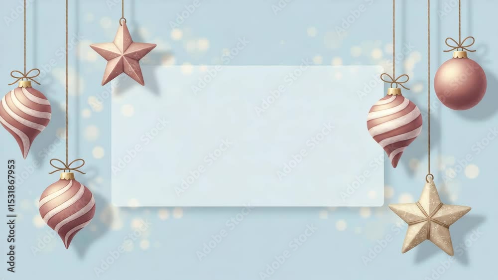 Delicate pastel Christmas ornaments and stars hang around a blank white rectangular space, perfect for holiday greeting.bokeh, copyspace