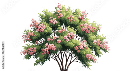 Vibrant Pink Crape Myrtle Tree Illustration Lush Foliage and Delicate Blossoms