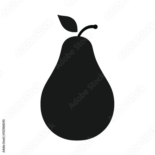 Cartoon Pear Black Silhouette Vector with Big Eyes and Leaf on White Background