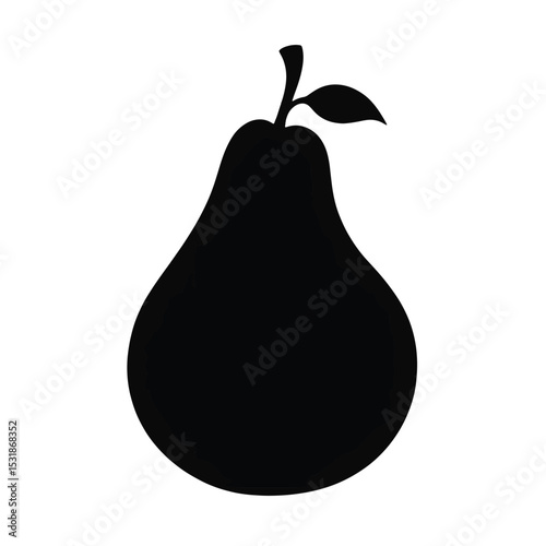 Cartoon Pear Black Silhouette Vector with Big Eyes and Leaf on White Background