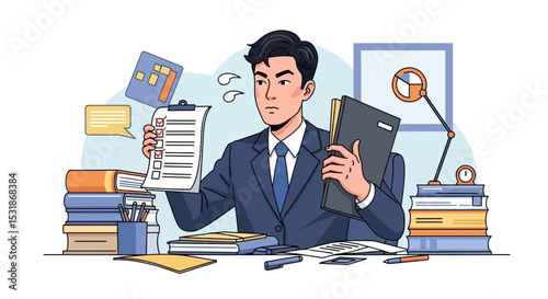 Overwhelmed Businessman Reviewing Documents and Reports at Desk