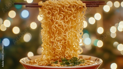 Noodles Lifted With Utensils Against Festive Background Lights