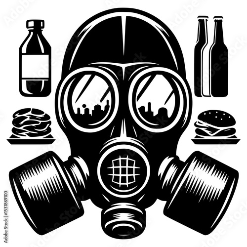 Gas mask with fast food and drinks illustration