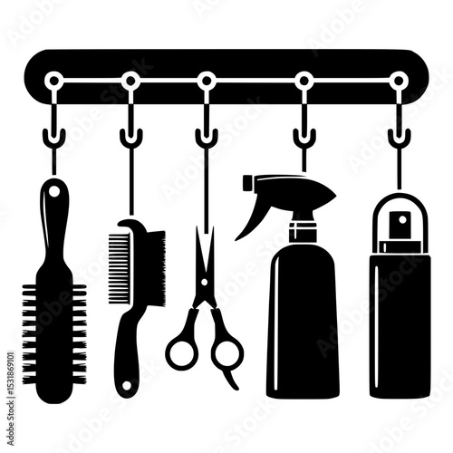 Hair salon tools hanging on rack icon