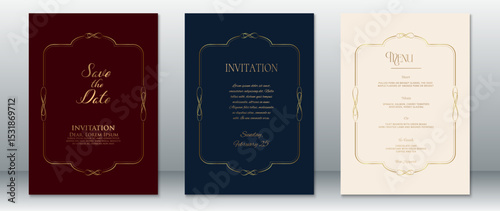 Set of luxury wedding invitation and menu cards with elegant gold frame and calligraphy. Includes burgundy, navy blue, and cream backgrounds for formal and upscale events.