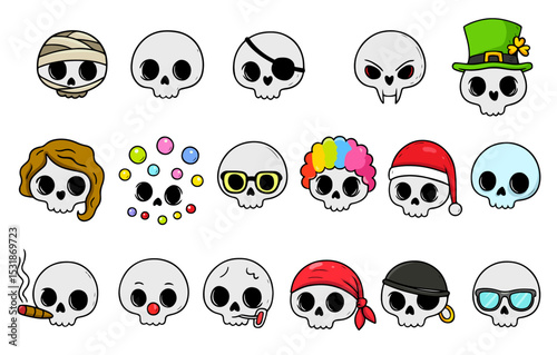Set of Cute Cartoon skulls isolated on a white background. Collection of cute funny Halloween cartoon character. Spooky magic skulls. Funny symbol of robbers