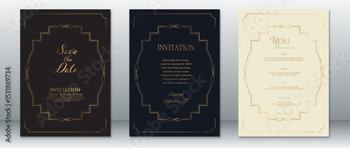 Elegant wedding invitation and menu card set featuring geometric gold frame elements on black, navy, and cream backgrounds. Ideal for modern, formal, and luxury celebrations.