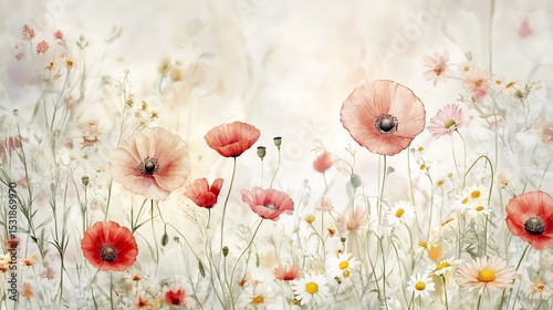 Delicate meadow inspired pattern featuring scattered poppies daisies and wildflowers in soft watercolor tones perfect for fabric prints and wallpapers