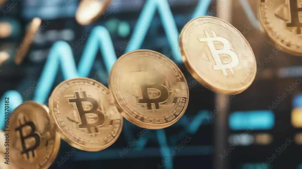 Golden bitcoin coins floating against financial charts highlighting growth and digital currency