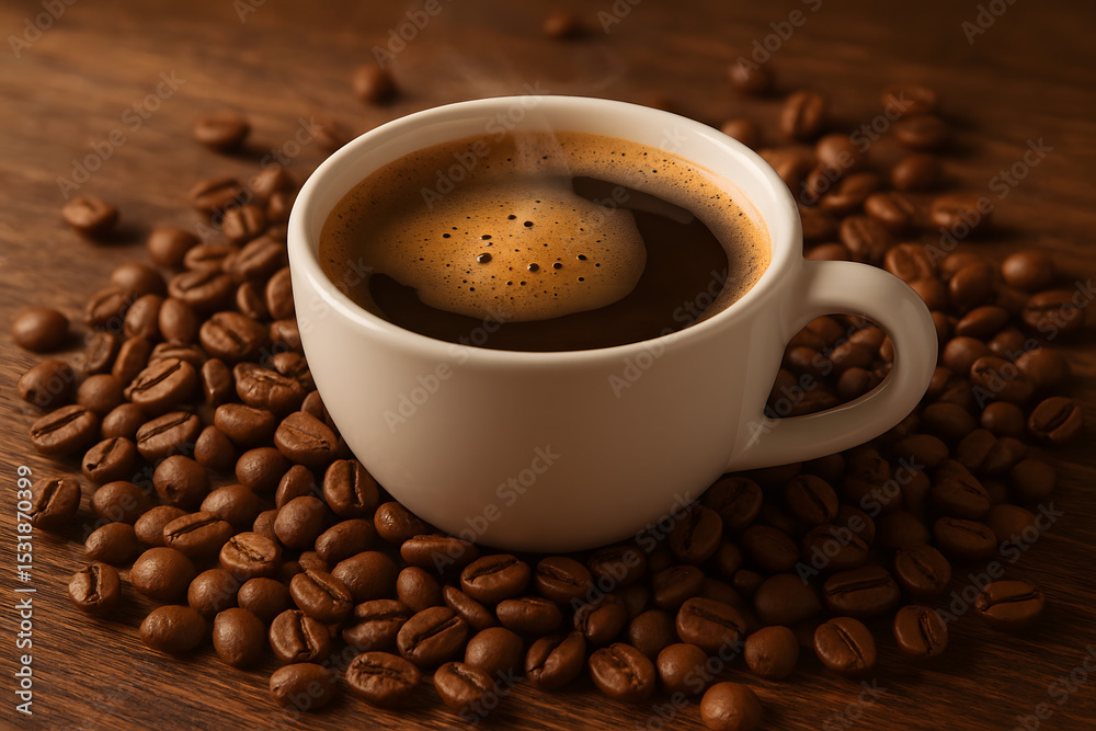 Fototapeta premium Rich Brew: A captivating close-up of a freshly brewed cup of coffee, nestled amidst a cascade of aromatic coffee beans on a textured wood surface. This image exudes warmth.