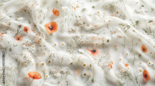 Delicate meadow inspired pattern featuring scattered poppies daisies and wildflowers in soft watercolor tones perfect for fabric prints and wallpapers